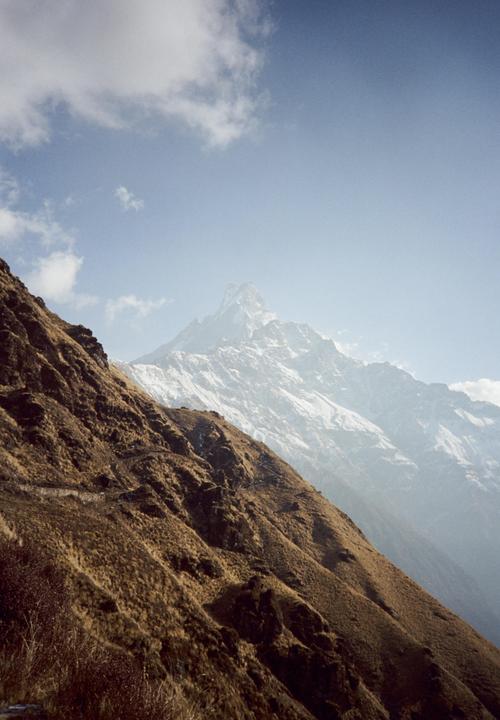 A snow-capped mountain peak rises above a grassy hillside under a blue sky with clouds.