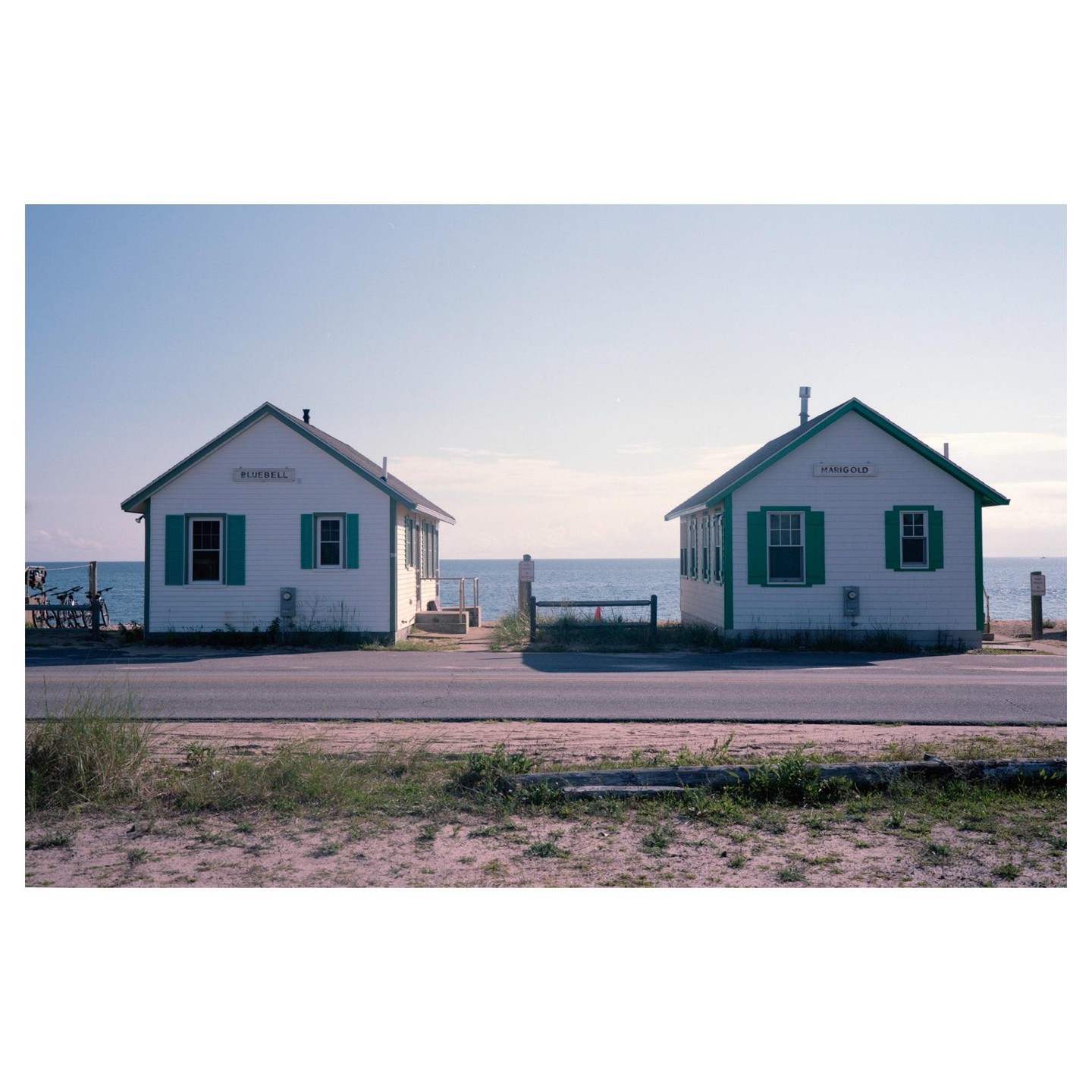 Two small white houses with green trim and shutters stand on either side of a road, with the ocean visible in the background.