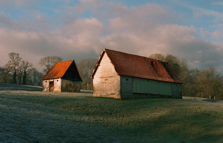 Two barns with red roofs stand in a field with frost-covered grass under a cloudy sky.