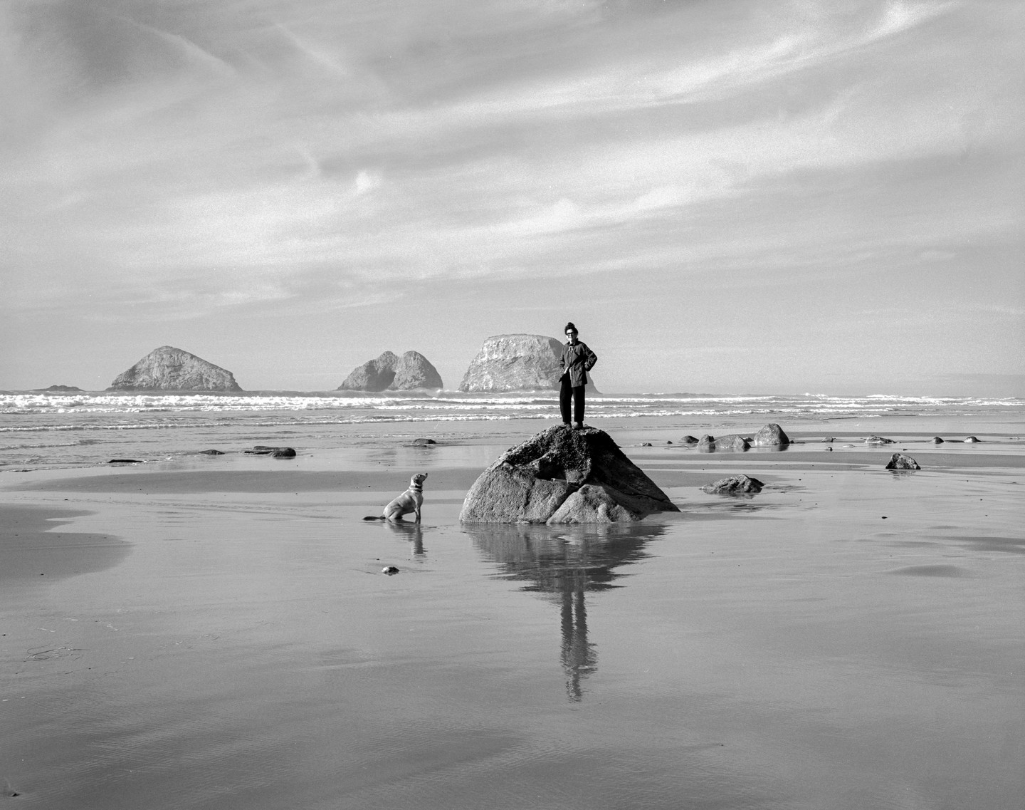 A person stands on a large rock on a beach with a dog sitting in the water nearby and several sea stacks in the distance.
