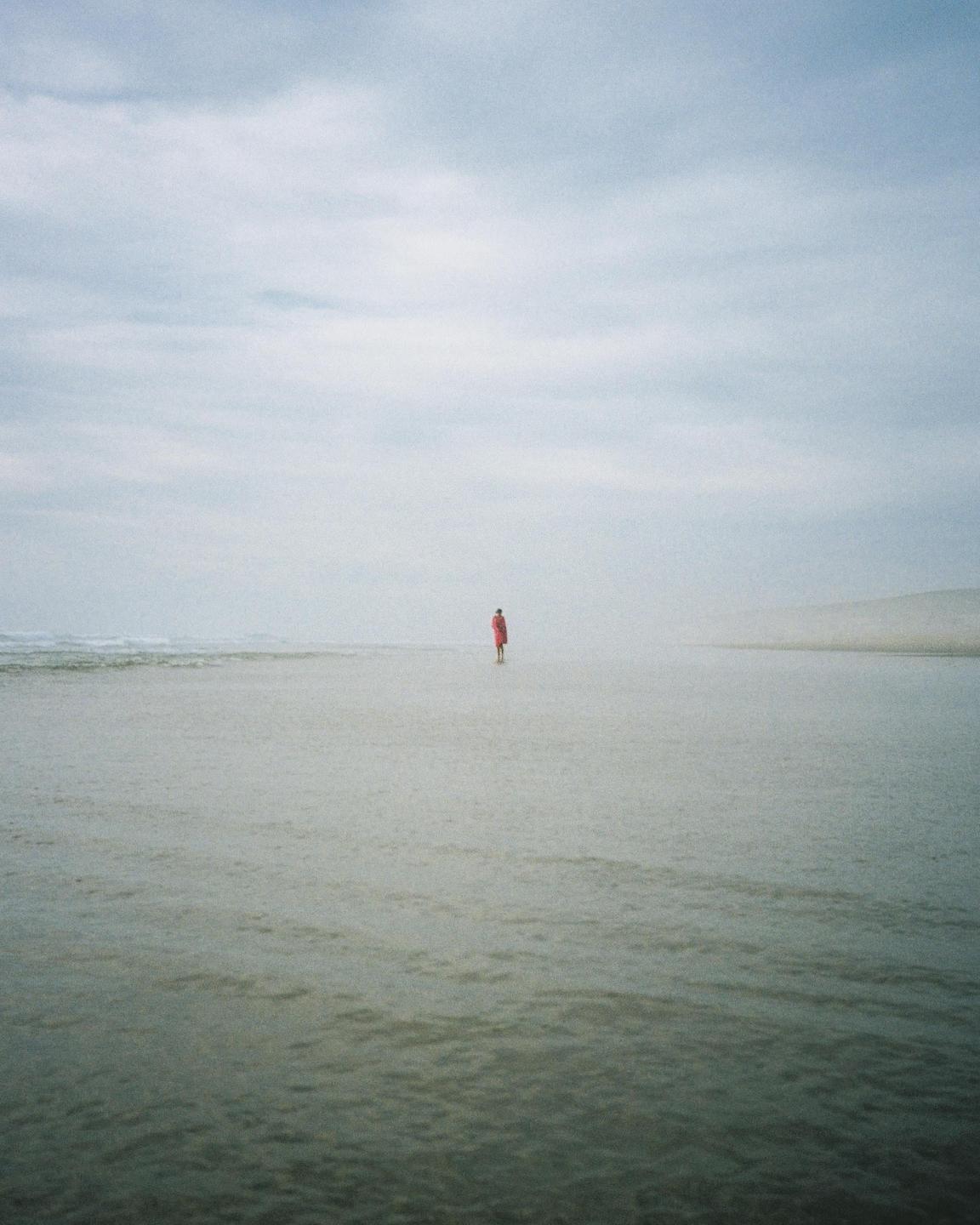 A person in a red coat stands in shallow water on a beach under a cloudy sky.
