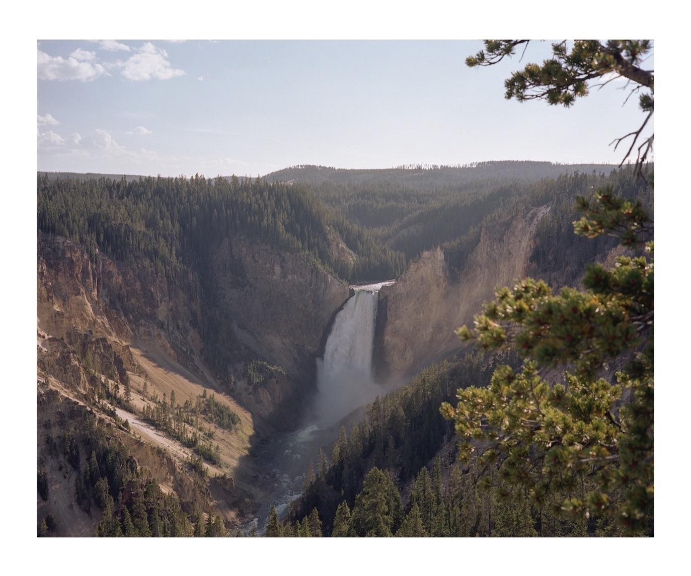 A waterfall cascades into a canyon surrounded by a forest under a bright sky.