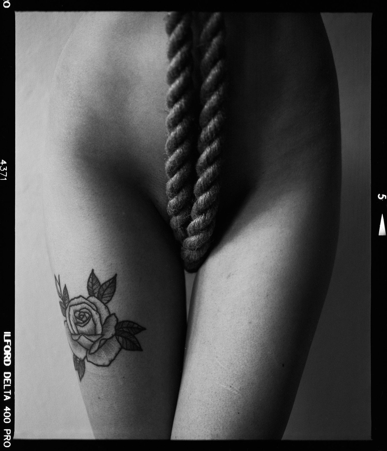 A rope hangs between a woman's legs, one of which has a rose tattoo.