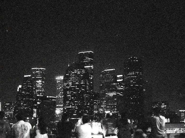 A group of people stand with their backs to the camera, looking at a city skyline at night.