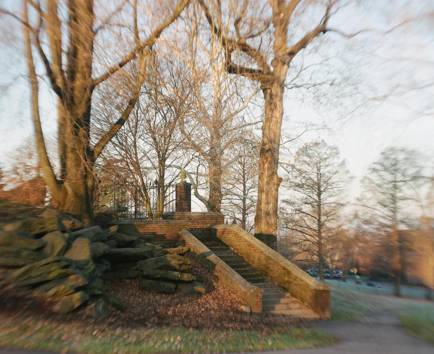 A brick staircase leads up to a metal fence and bare trees in a park.