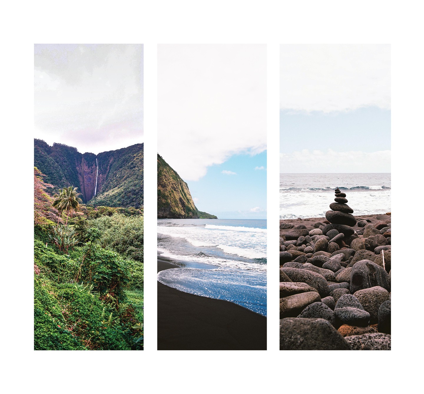 Three vertical images show a waterfall in a lush valley, a black sand beach with a mountain, and a cairn on a rocky beach.