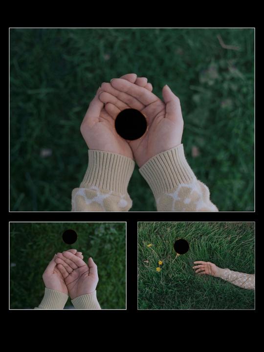 A collage shows hands holding a black circle, and a black circle in grass next to an arm.