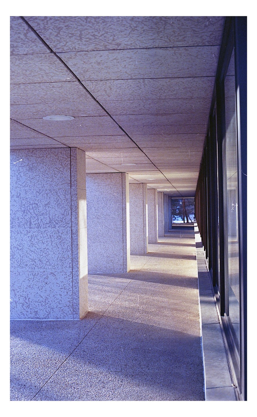 A long, covered walkway with pillars on one side and windows on the other leads to a view of trees.