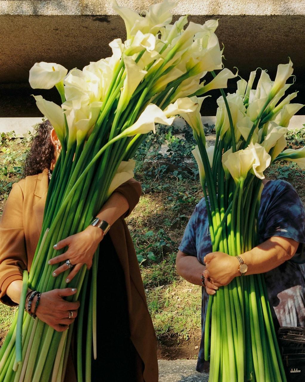 Two people are holding large bouquets of white calla lilies, obscuring their faces.