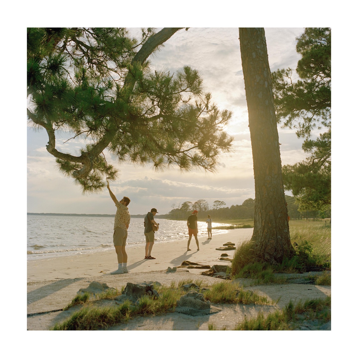 A group of men stand on a sandy beach next to a body of water with trees and grass in the background.