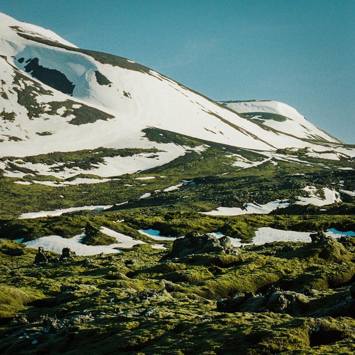 A snow-capped mountain rises above a mossy, rocky landscape under a clear blue sky.