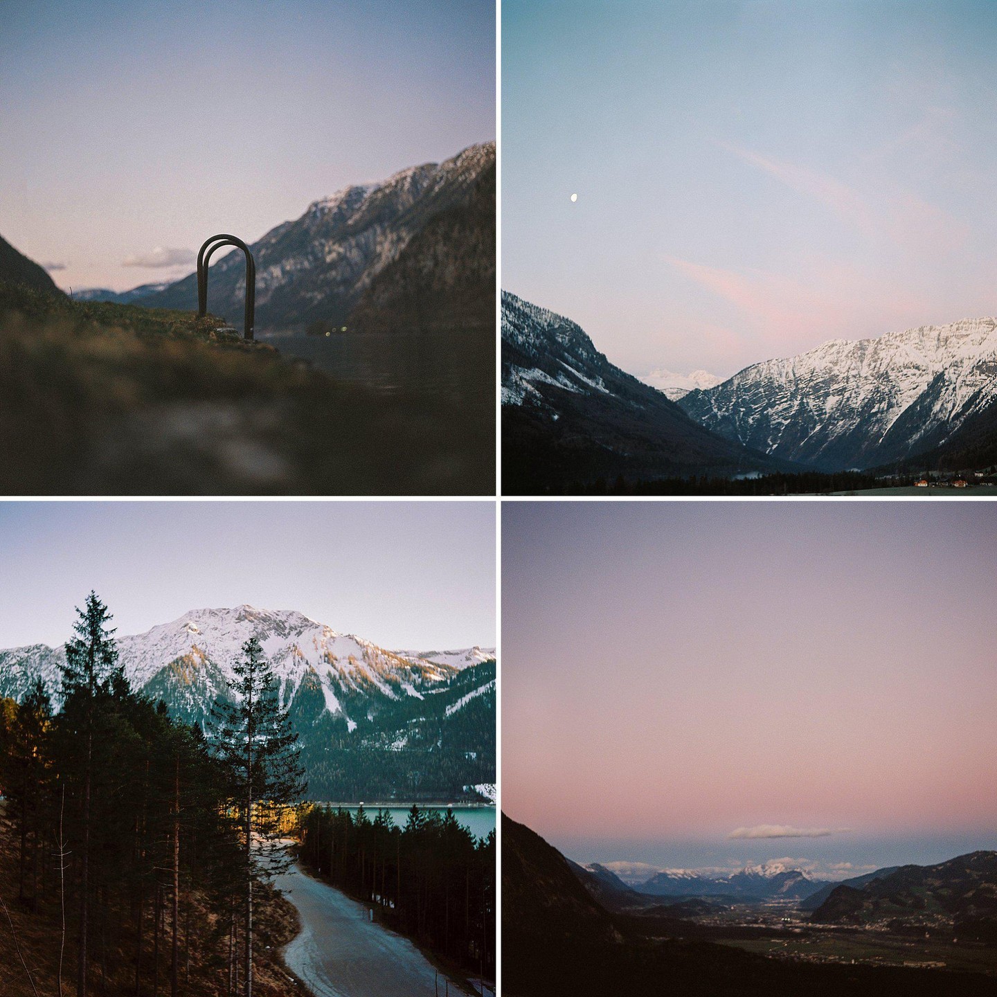 A four-panel collage shows various mountain landscapes with snow, water, and trees under different sky conditions.