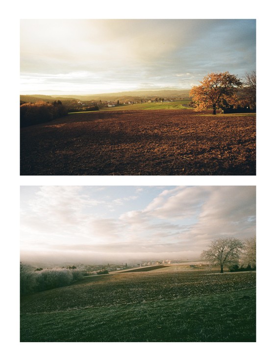 Two landscape images show the same rural area in different seasons, with the top image featuring a field and a tree with autumn foliage under a bright sky, and the bottom image showing a frosty field and trees under a cloudy sky.