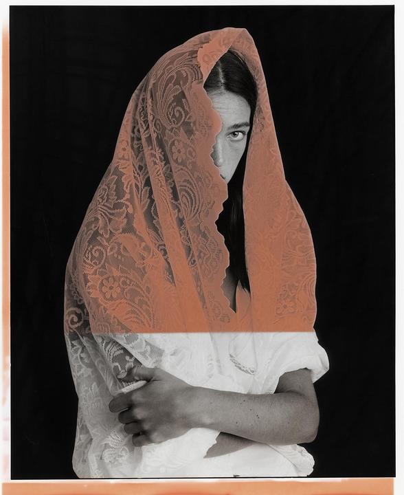 A woman with long hair is partially covered by a lace veil, with one eye visible.