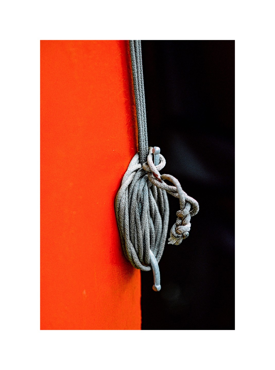 A coiled rope hangs from a hook on an orange surface.