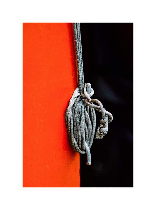 A coiled rope hangs from a hook on an orange surface.
