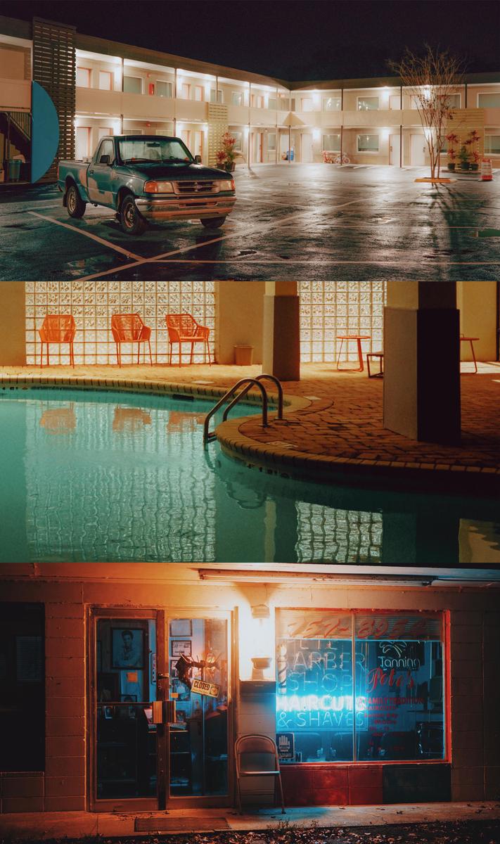 A three-panel image shows a motel parking lot with a truck, a swimming pool area, and a barber shop with a neon sign at night.