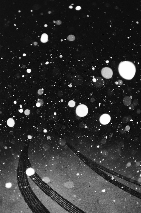 Snowflakes fall on a dark road with tire tracks visible in the lower portion of the frame.