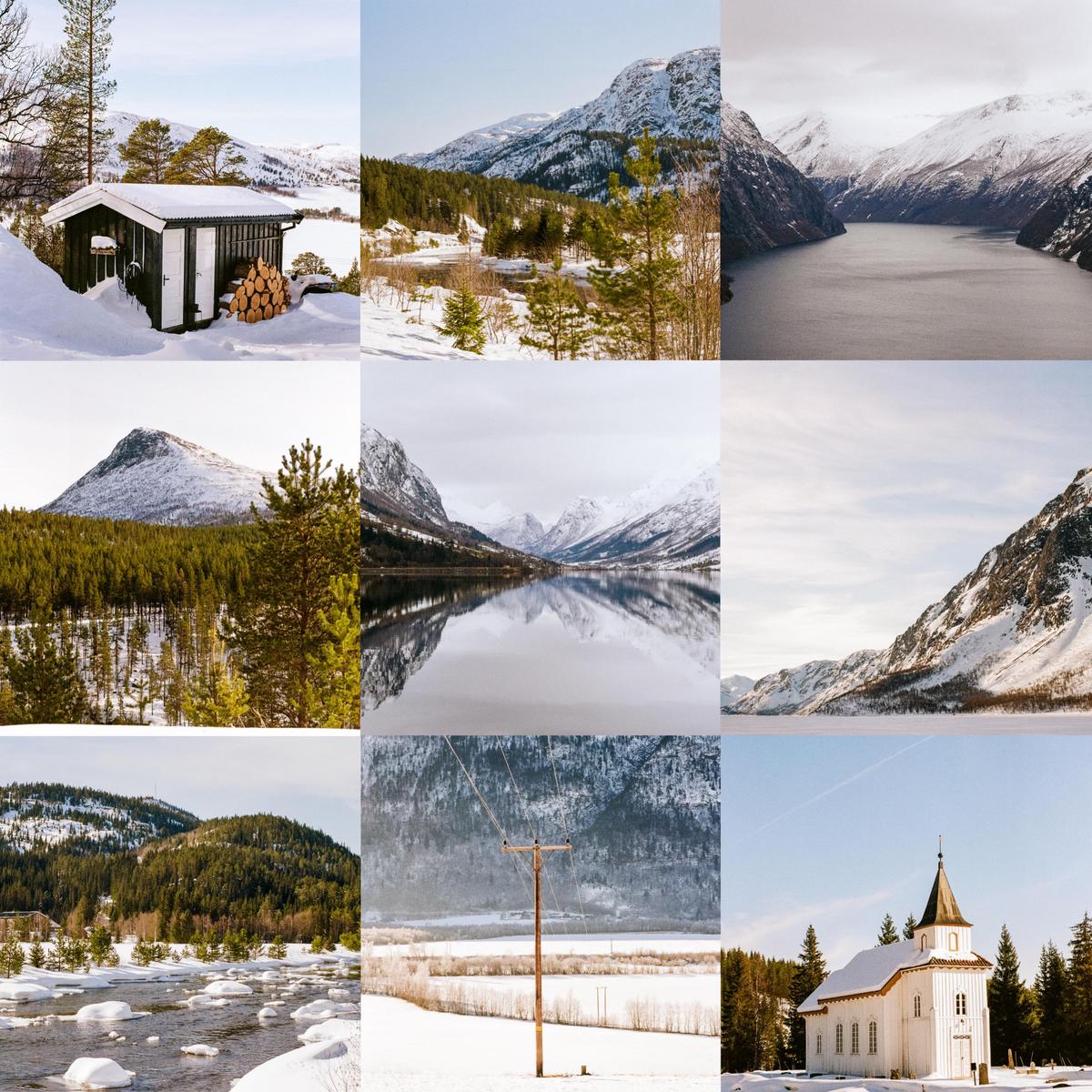 A grid of nine images shows various snowy landscapes, including mountains, a fjord, a cabin, a church, and a river.