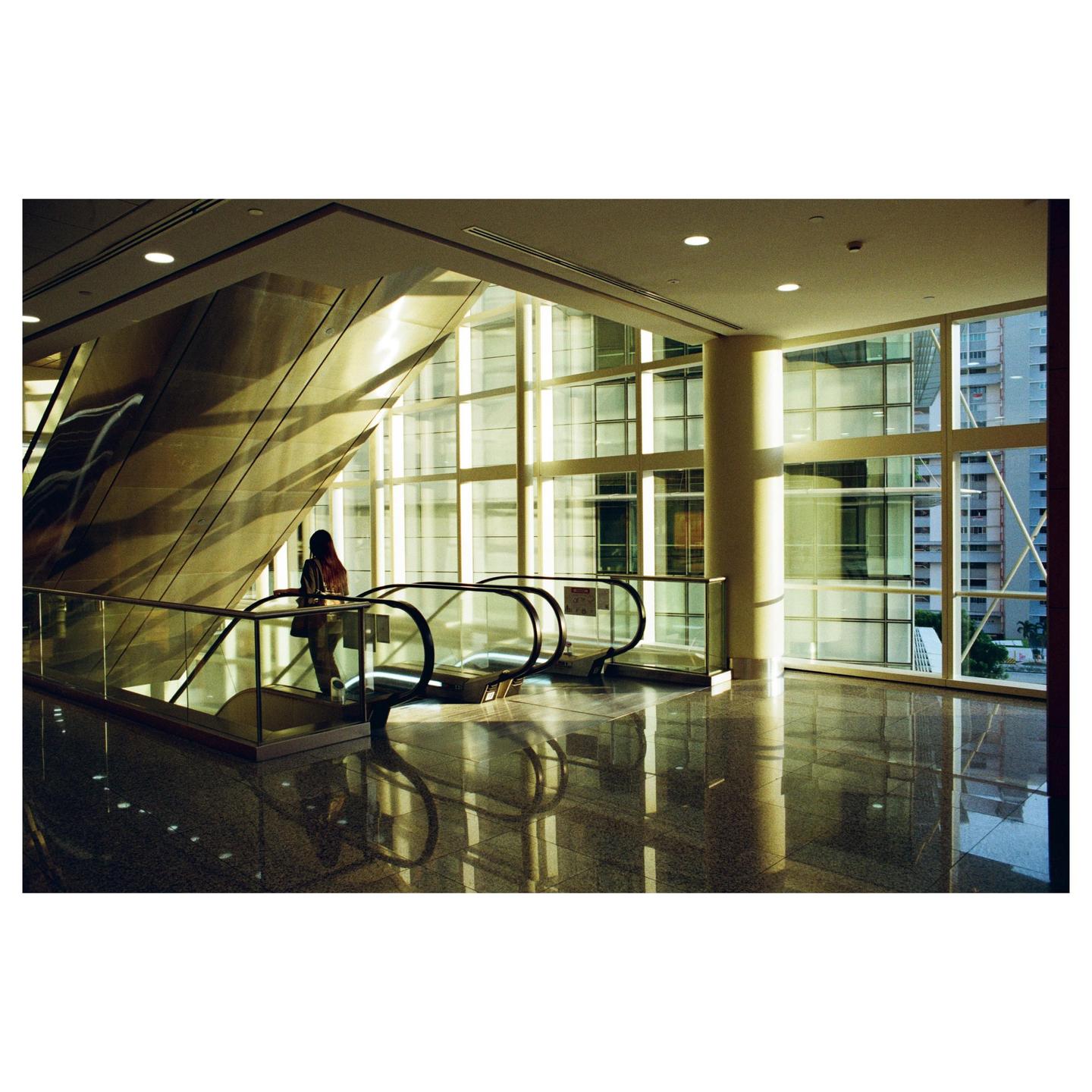 A woman stands on an escalator in a modern building with large windows during golden hour.
