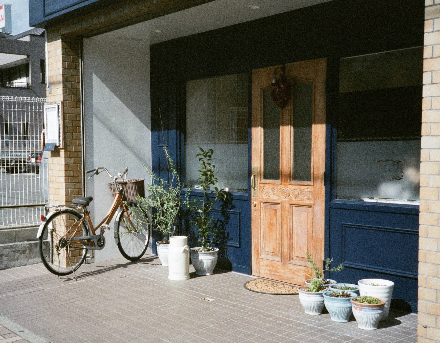A bicycle is parked in front of a wooden door and blue facade with potted plants on the sidewalk.