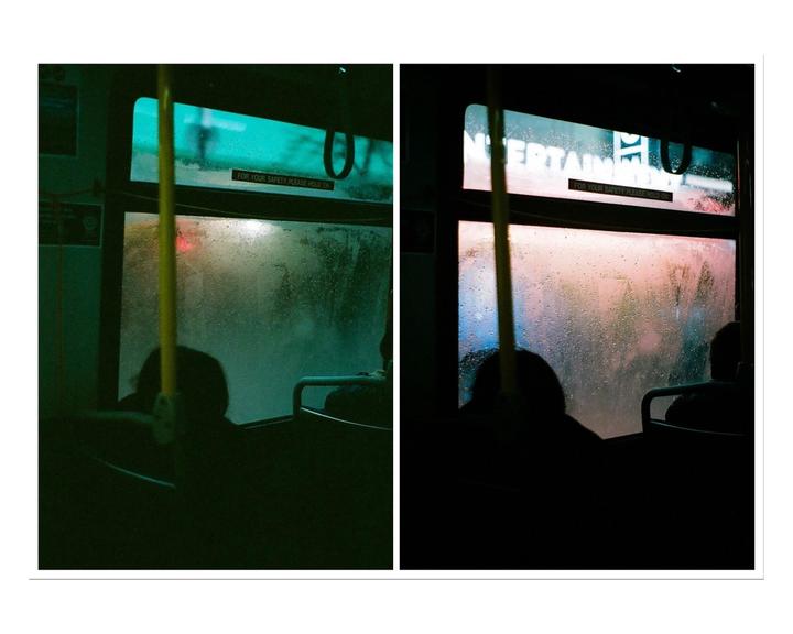A diptych shows the interior of a bus with condensation on the windows and blurred lights outside.