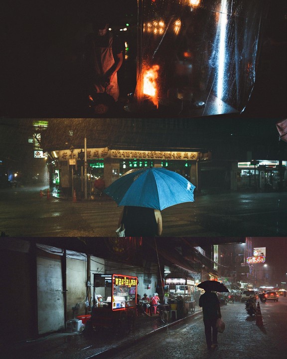 Three panoramic images show people with umbrellas on a rainy night street with food stalls and cars.