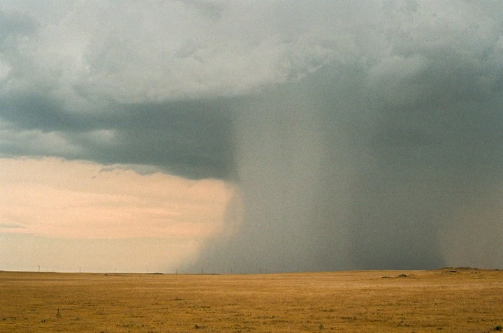 A vast, flat plain of dry grass stretches under a dramatic sky with a large column of rain falling in the distance.