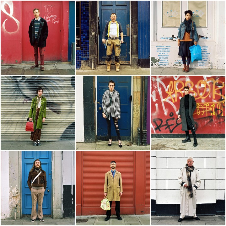 Nine portraits of people standing in front of colorful walls and doors.