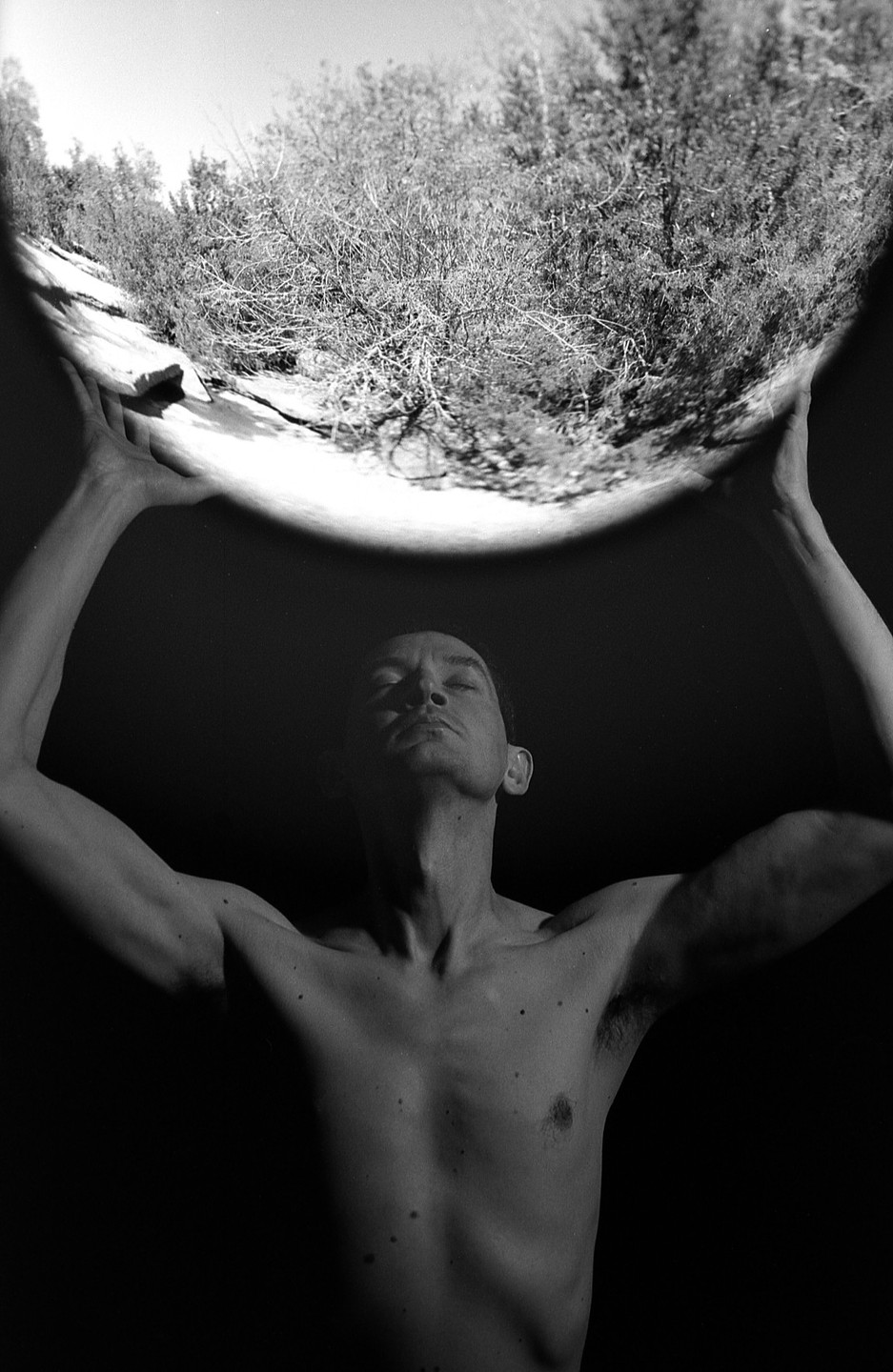 A shirtless man holds a circular image of a forest above his head.
