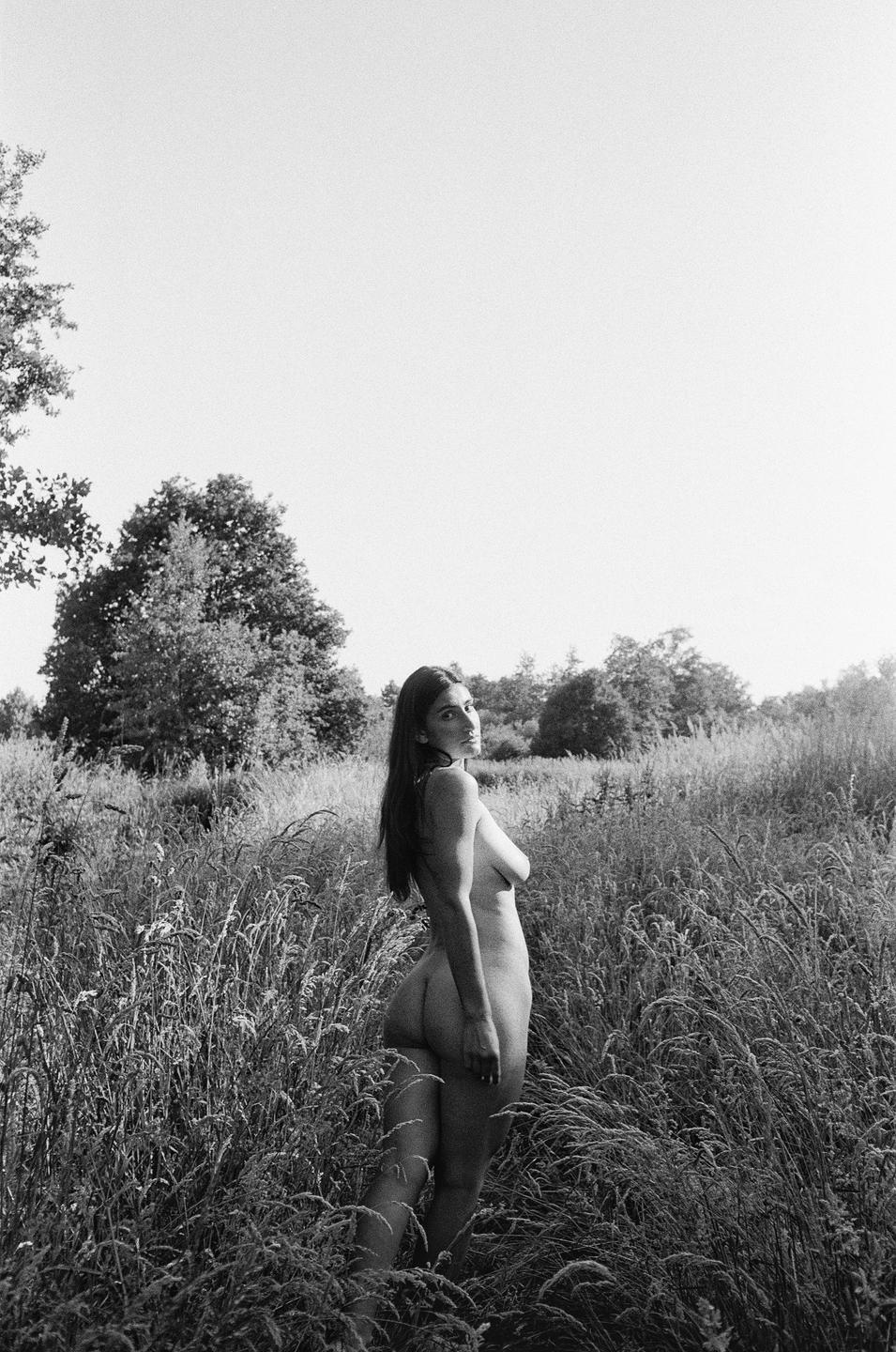 A nude woman stands in a field of tall grass, looking over her shoulder at the viewer.