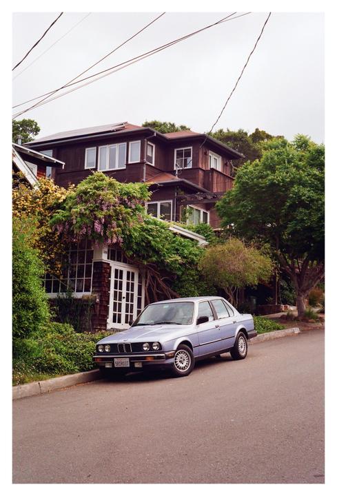 A light blue sedan is parked on a residential street in front of a house covered in lush green foliage and purple flowers.