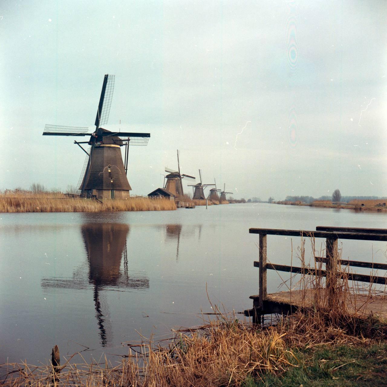 Several windmills line a canal with their reflections visible in the water, and a wooden dock is in the foreground.