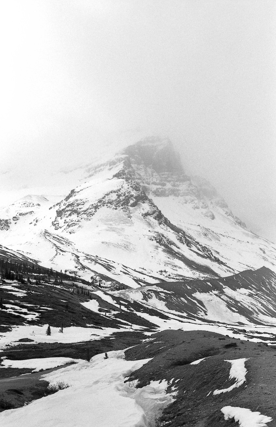 A snow-covered mountain peak is partially obscured by fog, with patches of snow and sparse trees visible on the lower slopes.
