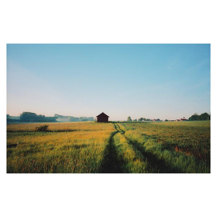 A small red shed stands in a field with a dirt path leading to it under a clear sky.