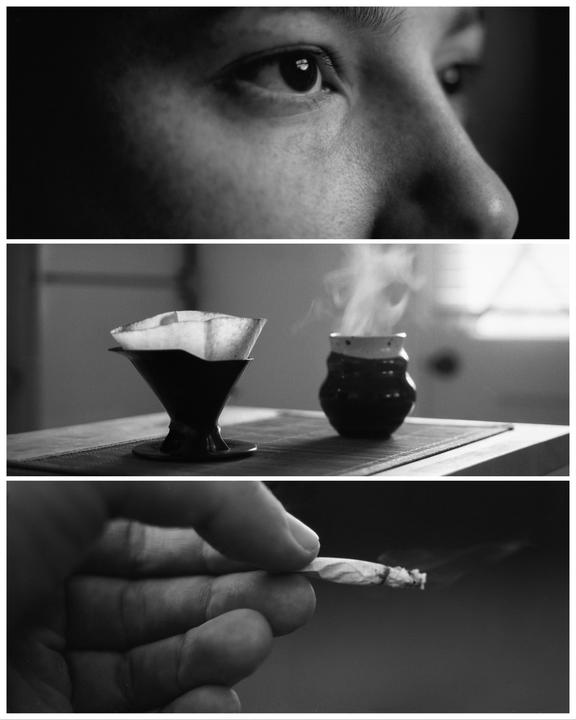 A triptych shows a person's eye, a coffee dripper and steaming cup, and a hand holding a lit cigarette.