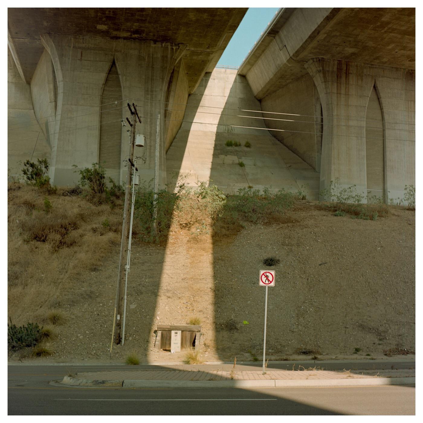 A no pedestrian sign stands on a dirt embankment under a concrete overpass.
