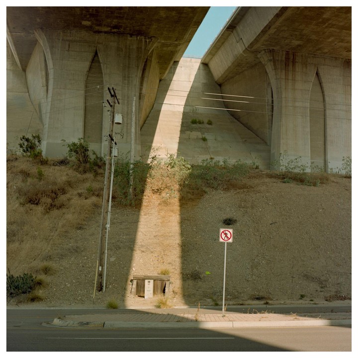A no pedestrian sign stands on a dirt embankment under a concrete overpass.