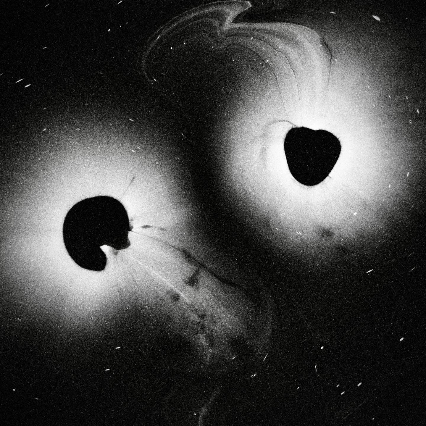 Two dark, irregular shapes with bright halos are visible against a grainy black background.