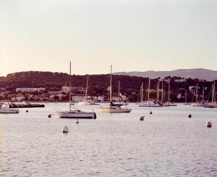 Numerous sailboats are moored in a calm bay with a town and forested hills in the background during sunset.
