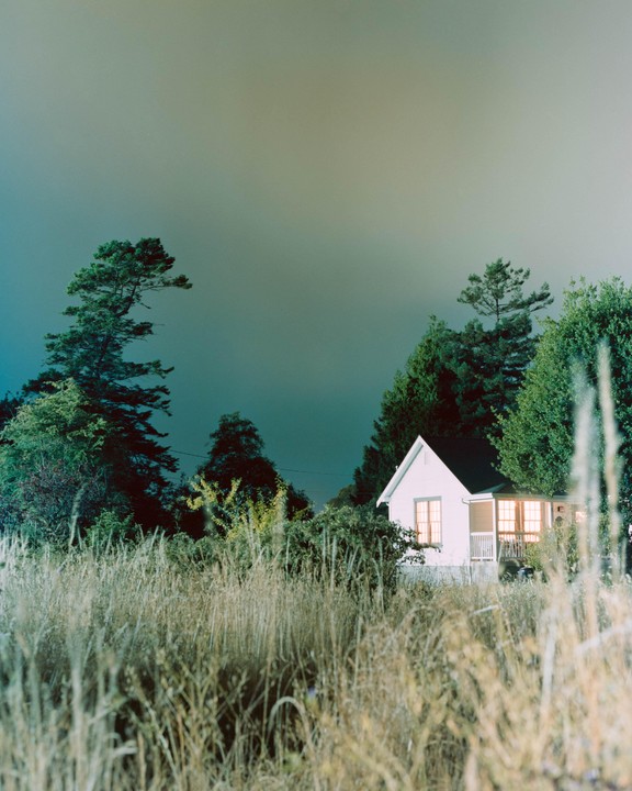 A small white house with illuminated windows is nestled among trees and tall grass under a dark sky.