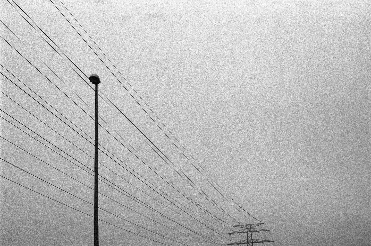 A street light and power lines stretch across a hazy sky, with a distant power pylon visible.