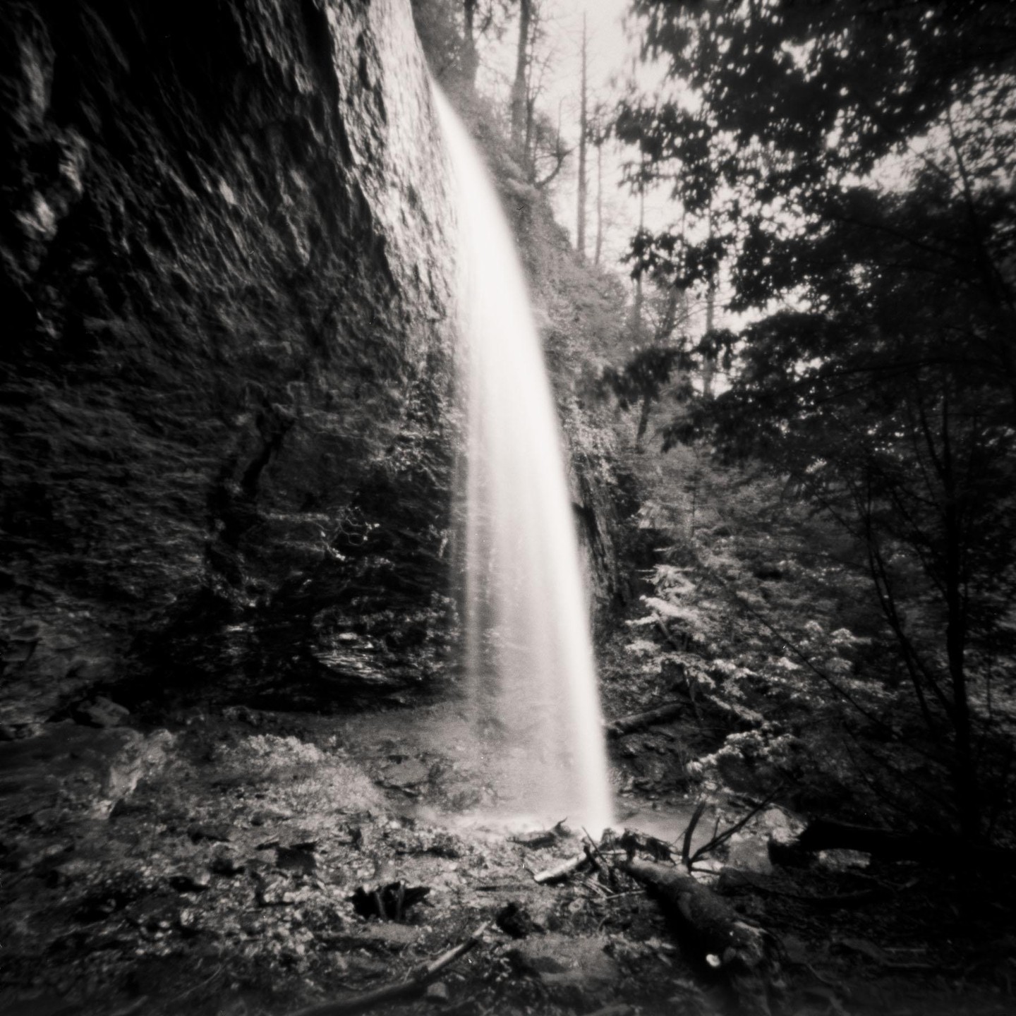 A long exposure captures a waterfall cascading down a rocky cliff into a forest.