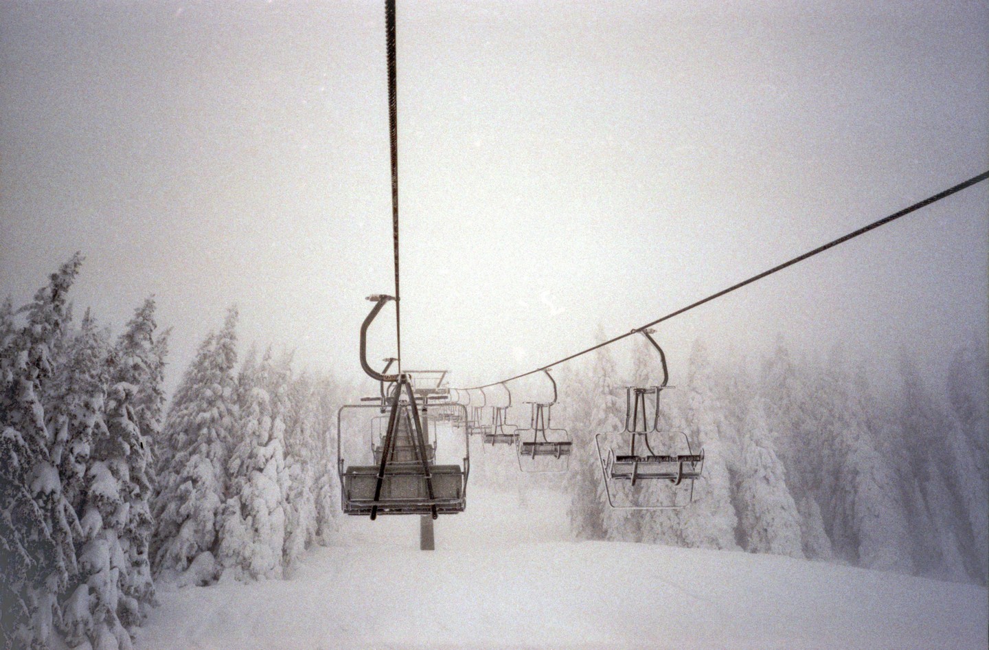 Empty ski lift chairs ascend a snowy mountain with snow-covered pine trees on either side under a hazy sky.
