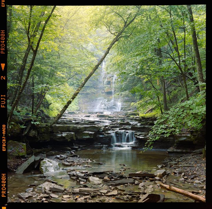 A waterfall cascades over rocks into a stream surrounded by lush green trees.