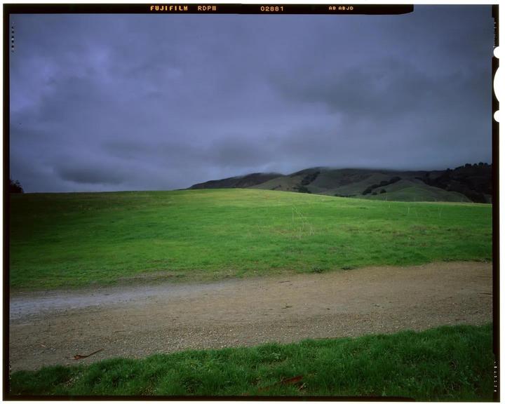 A dirt path leads through a green field towards hills partially obscured by fog under a cloudy sky.