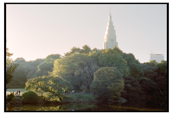 A tall, light-colored building with a spire rises above a dense forest next to a body of water, with people walking on a path in the distance.