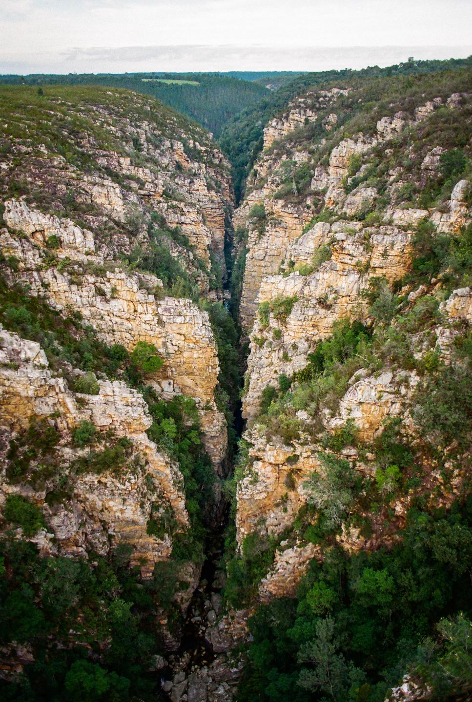 A deep canyon with steep rock walls and lush green vegetation is visible under a cloudy sky.