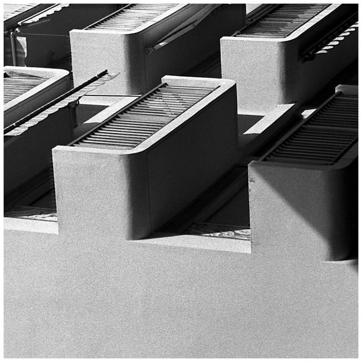 A black and white abstract architectural photograph shows a pattern of skylights on a building.