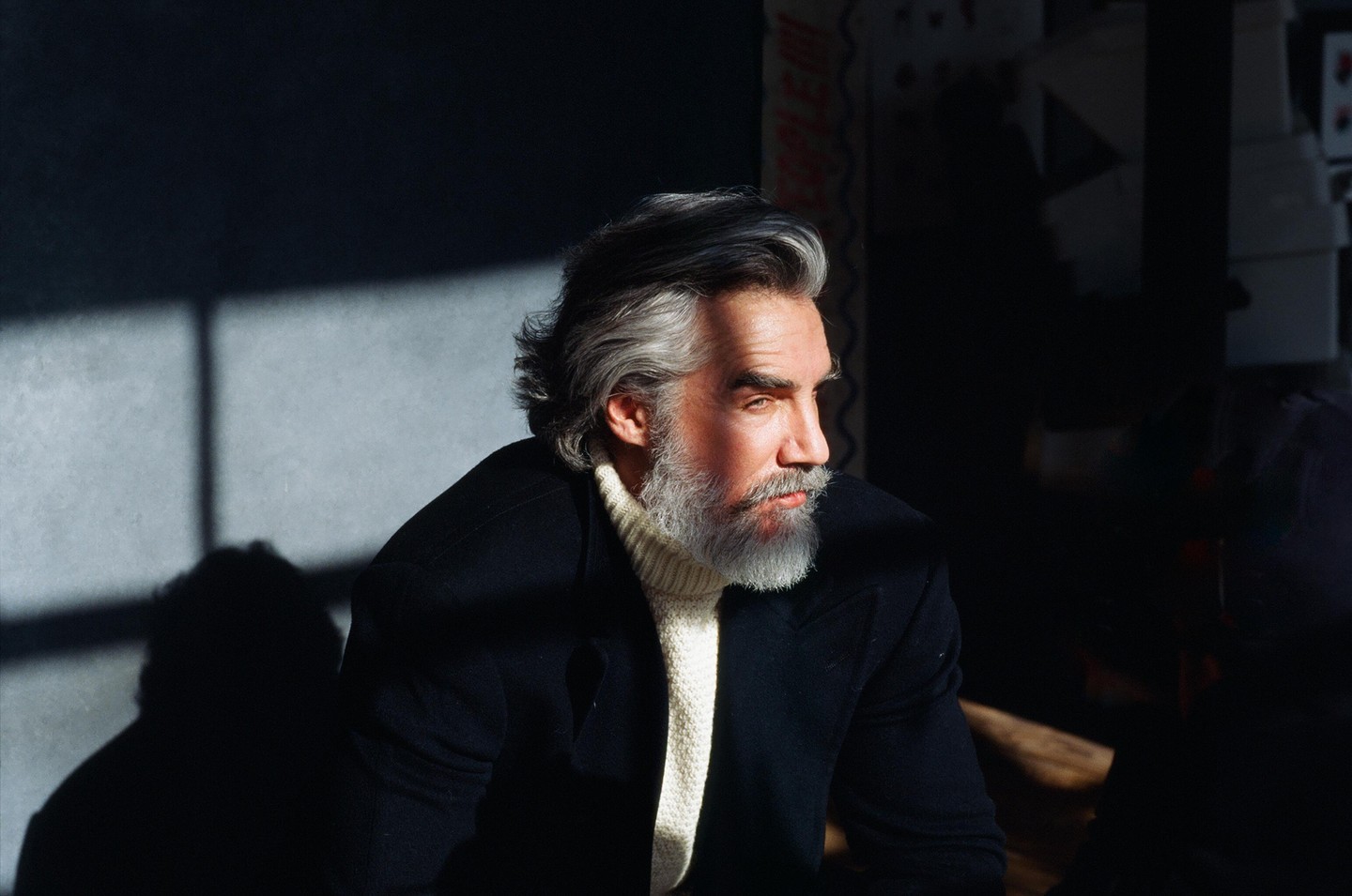 A man with gray hair and a beard looks to the right, illuminated by a shaft of sunlight.